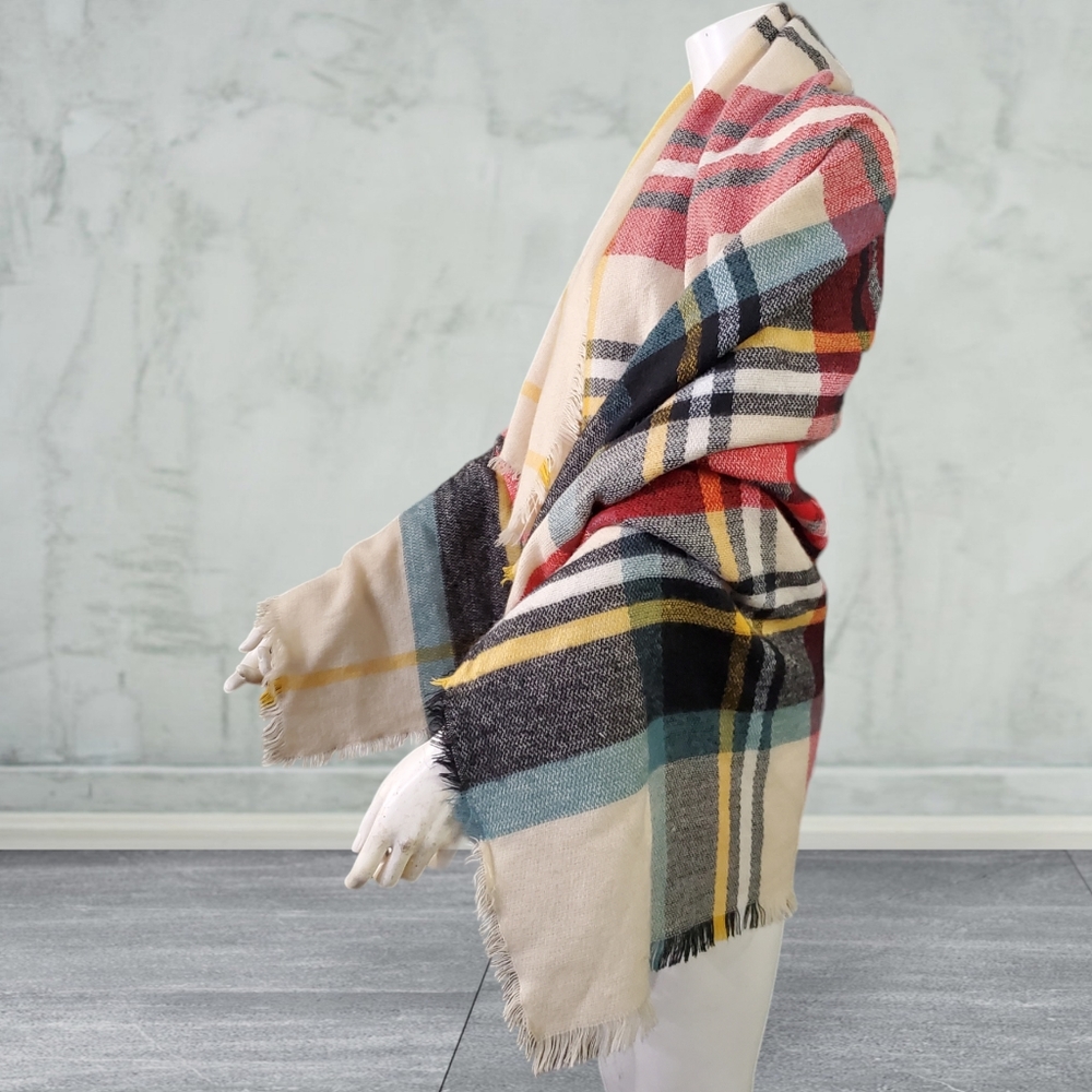 OSFM Blanket Scarf Plaid Tartan Fringes Oversized Wrap 100% Acrylic 51"× 52"